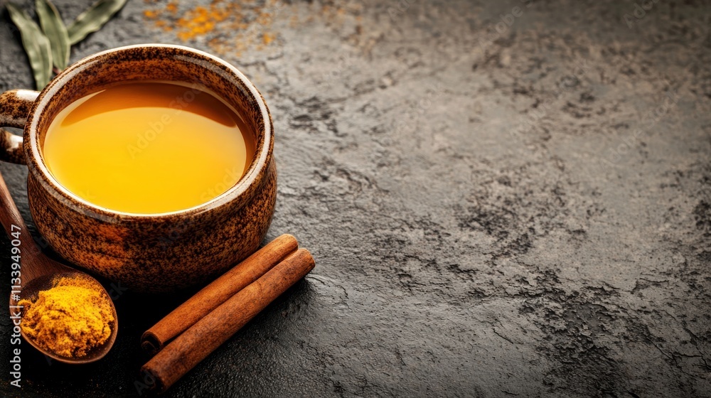 A warm cup of golden drink with spices on a textured surface, suggesting comfort and wellness. A warm cup of golden drink with spices on a textured surface, suggesting comfort and wellness.