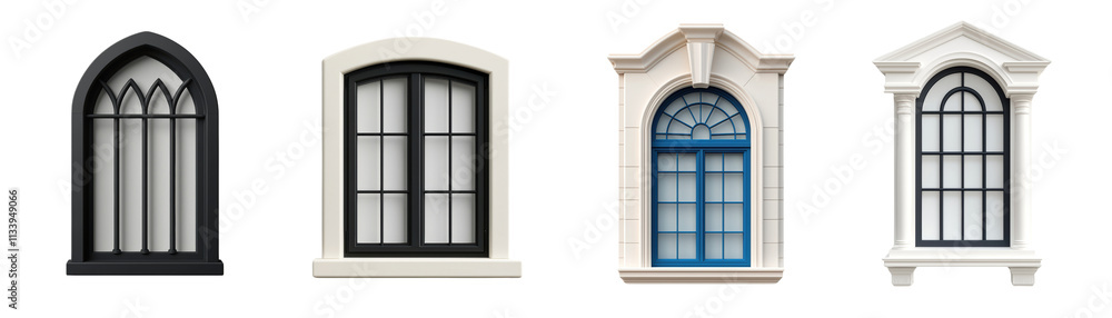Architectural Window Collection: A curated selection of four distinct window styles—Gothic arch, rectangular, arched double door, and Palladian—showcases diverse architectural design elements. Architectural Window Collection: A curated selection of four distinct window styles—Gothic arch, rectangular, arched double door, and Palladian—showcases diverse architectural design elements.
