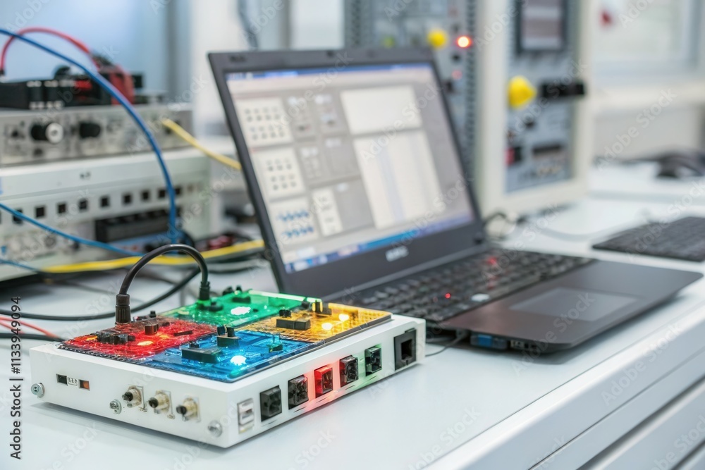 Fototapeta premium Laptop connected to electronic circuit board in laboratory setting.