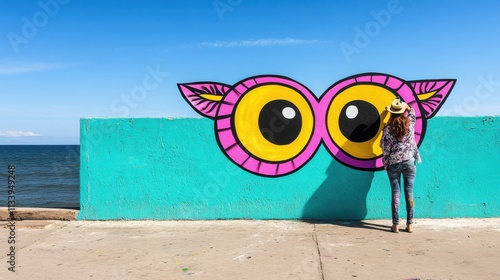 Vibrant street art installation featuring owl mural coastal walkway photography urban environment side view creative expression photo