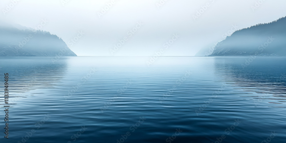 Fototapeta premium Serene mist-covered lake surrounded by mountains in soft morning light