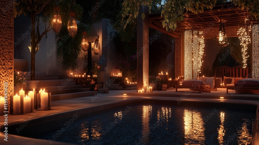 An elegant evening party scene with warm candlelight, illuminating a uniquely designed area with a serene, stylish ambiance. An elegant evening party scene with warm candlelight, illuminating a uniquely designed area with a serene, stylish ambiance.