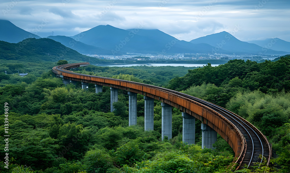 A winding railway track through lush greenery and mountains under a cloudy sky. A winding railway track through lush greenery and mountains under a cloudy sky.