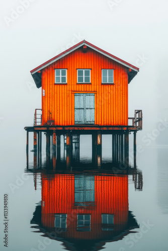 Bright orange house on stilts reflected in calm water amid dense fog photo