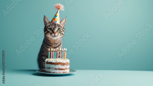 Cute tabby cat wearing a party hat, sitting by a birthday cake with lit candles on a teal background, ideal for celebration themes photo