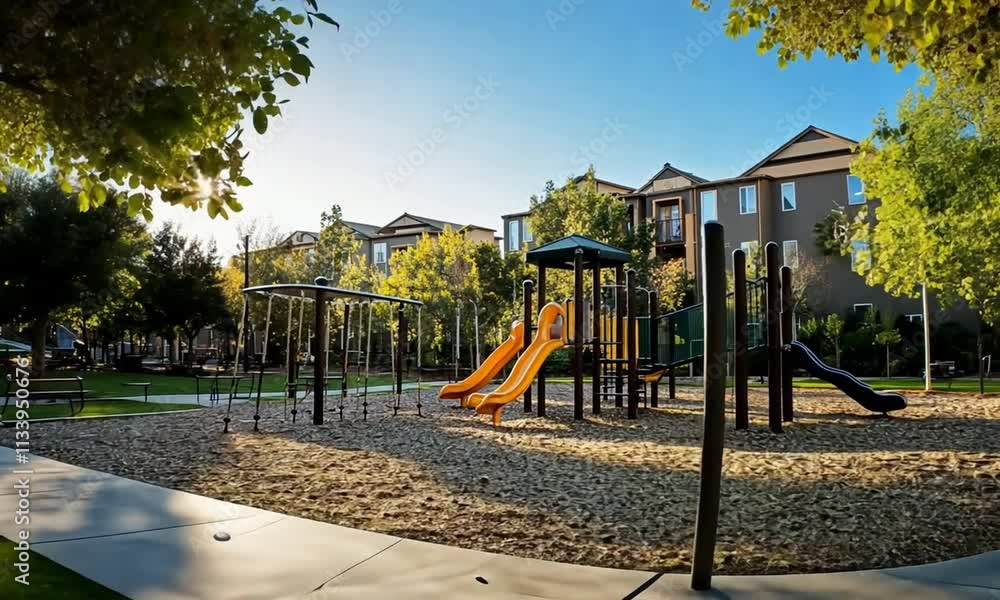 A sunny playground with slides and swings amidst greenery and residential buildings. A sunny playground with slides and swings amidst greenery and residential buildings.