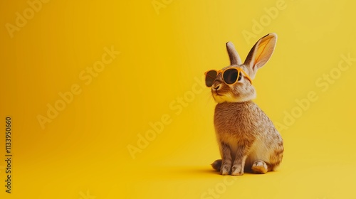 Stylish rabbit wearing orange sunglasses against a vibrant yellow background, perfect for quirky and playful themes photo