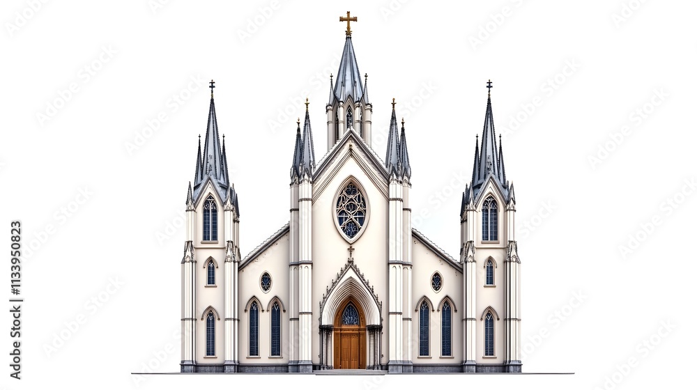 Fototapeta premium Beautiful Gothic-Style Church with Tall Spires and Intricate Architecture, Featuring a Rose Window and Elegant Wooden Door in a Captivating Urban Landscape