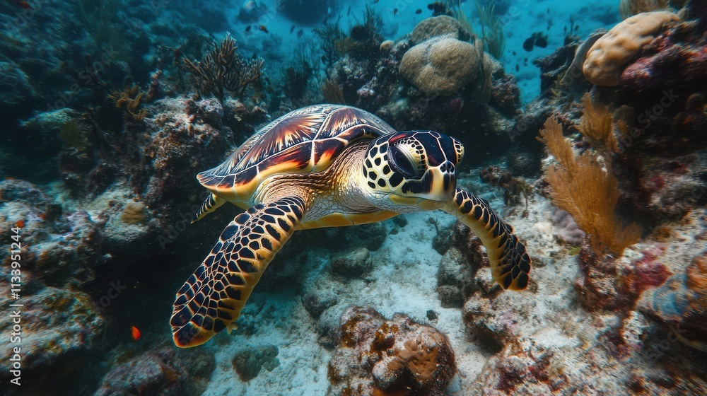 Naklejka premium Colorful Turtle Swimming in Vibrant Coral Reef