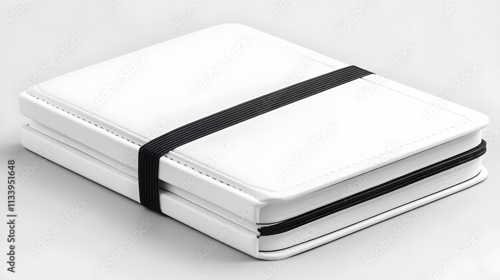 White photo album with black elastic band closure. White photo album with black elastic band closure.