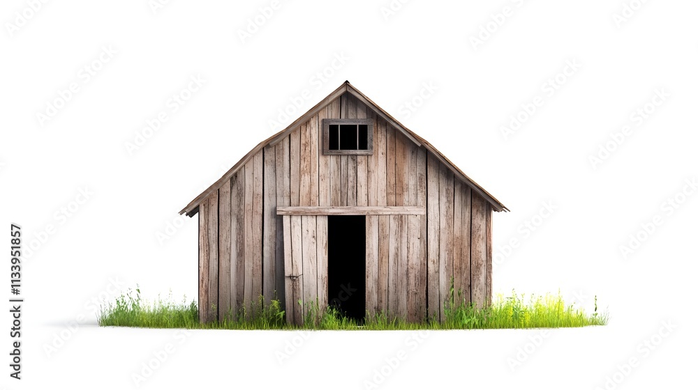 Rustic wooden barn isolated on white background surrounded by green grass and wild foliage, perfect for rural themed design or agriculture concepts. Rustic wooden barn isolated on white background surrounded by green grass and wild foliage, perfect for rural themed design or agriculture concepts.