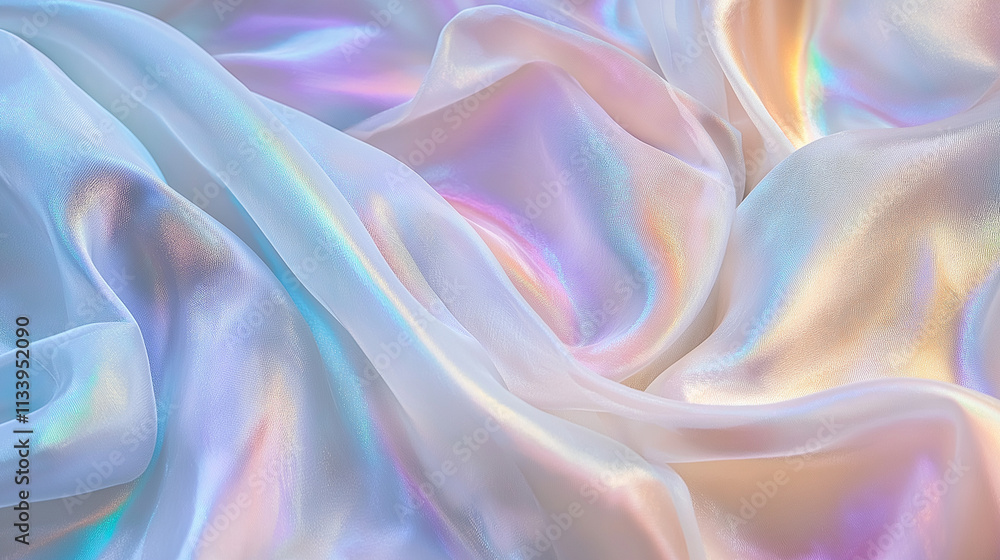 Obraz premium Holographic Iridescent Background with Rainbow Pastel Colors, Creamy Texture and Flowing Fabric Effect with Subtle Light Reflections for Ethereal Wallpapers, Creative Designs, and Unique Visual Projec