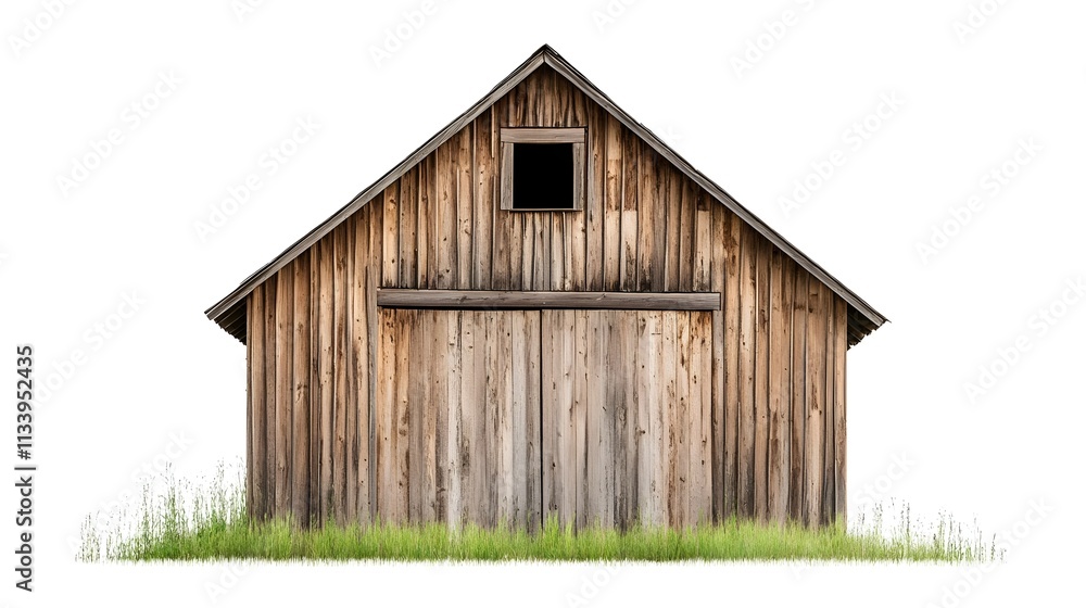 Rustic Wooden Barn with Simple Design Surrounded by Lush Green Grass on a White Background, Ideal for Agriculture, Countryside, and Nature Themes Rustic Wooden Barn with Simple Design Surrounded by Lush Green Grass on a White Background, Ideal for Agriculture, Countryside, and Nature Themes