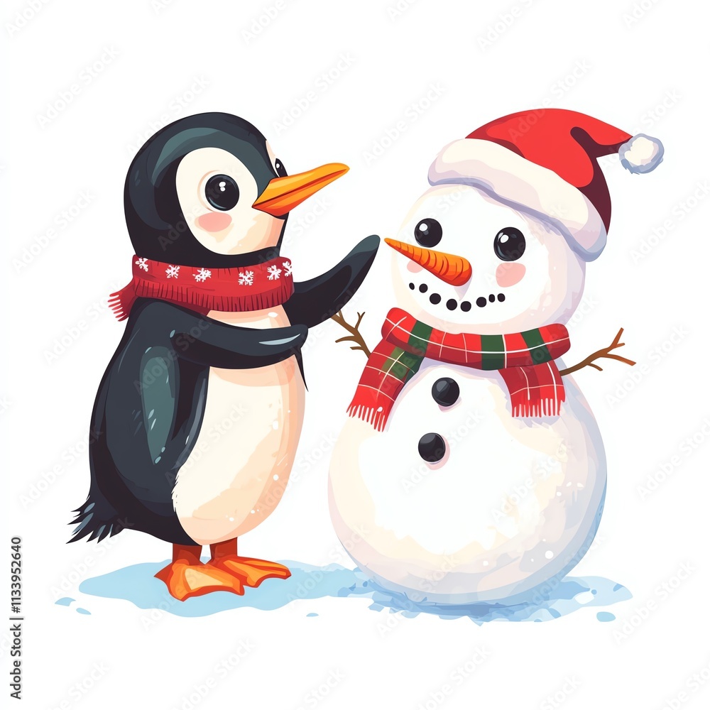 Fototapeta premium A cute penguin interacts playfully with a snowman wearing a festive hat and scarf.