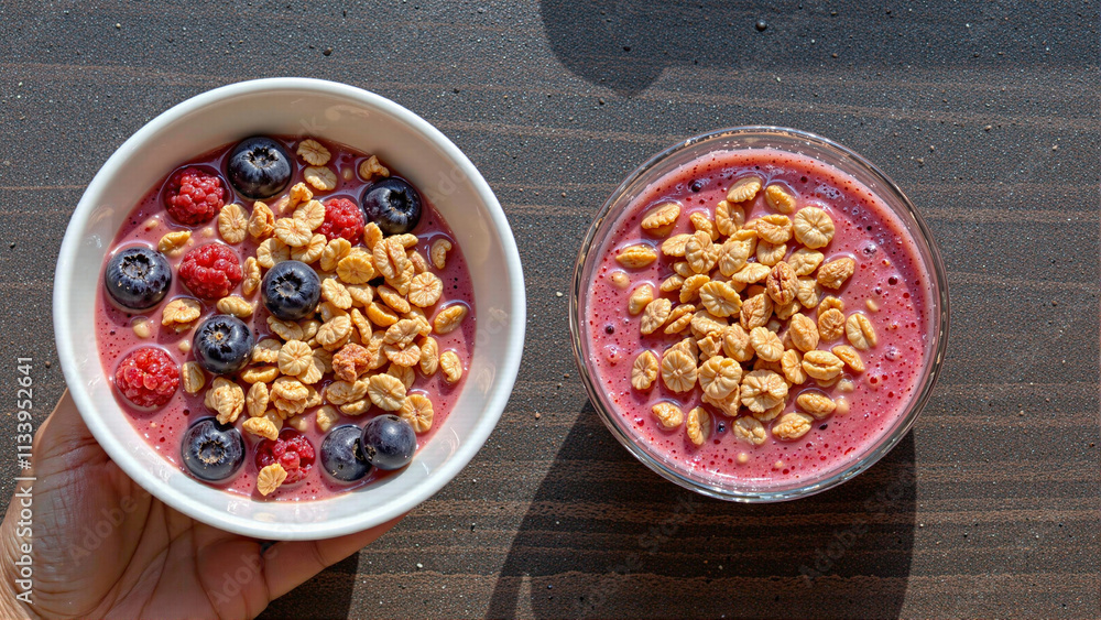 Smoothie bowls topped with granola and mixed berries, nutritious breakfast for vibrant mornings Smoothie bowls topped with granola and mixed berries, nutritious breakfast for vibrant mornings