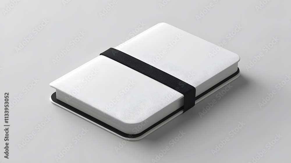 White rectangular box with black elastic band, isolated on white background. White rectangular box with black elastic band, isolated on white background.