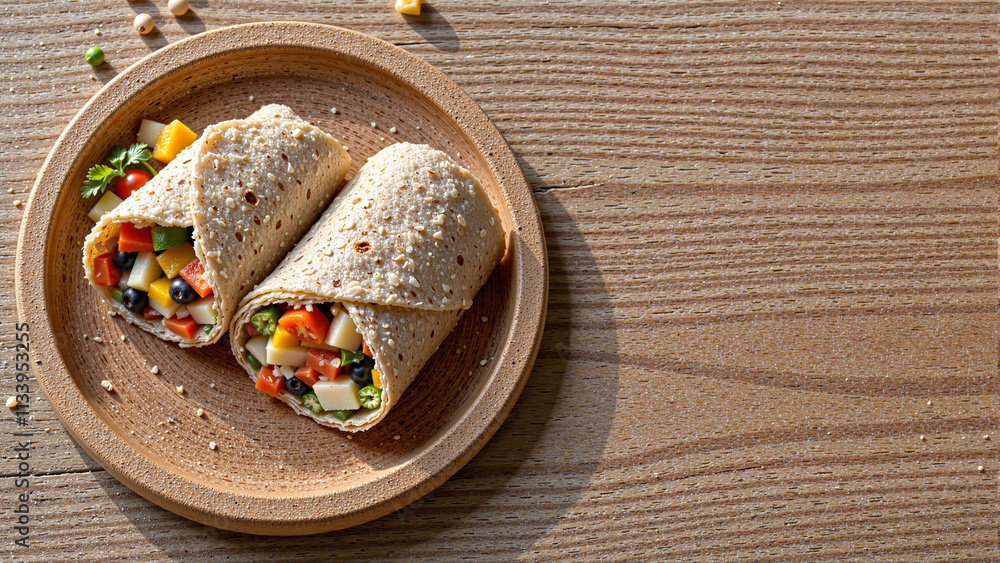 Fresh vegetable wraps on wooden plate with textured background Fresh vegetable wraps on wooden plate with textured background