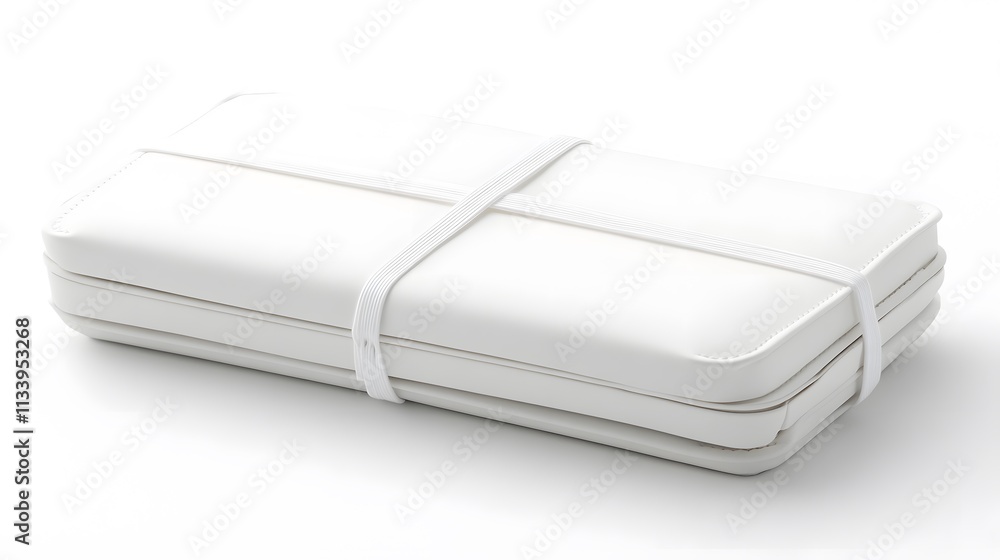 White rectangular stackable containers secured with rubber bands, isolated on white background. White rectangular stackable containers secured with rubber bands, isolated on white background.