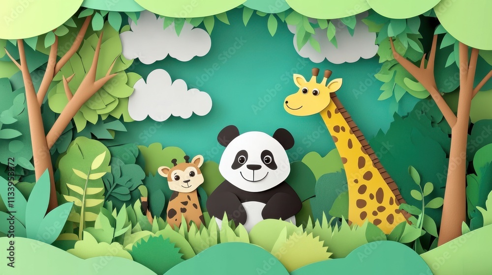 Naklejka premium Adorable Papercraft Animals in Lush Green Forest Setting: Panda, Giraffe, and Cheetah in a Vibrant Jungle Habitat
