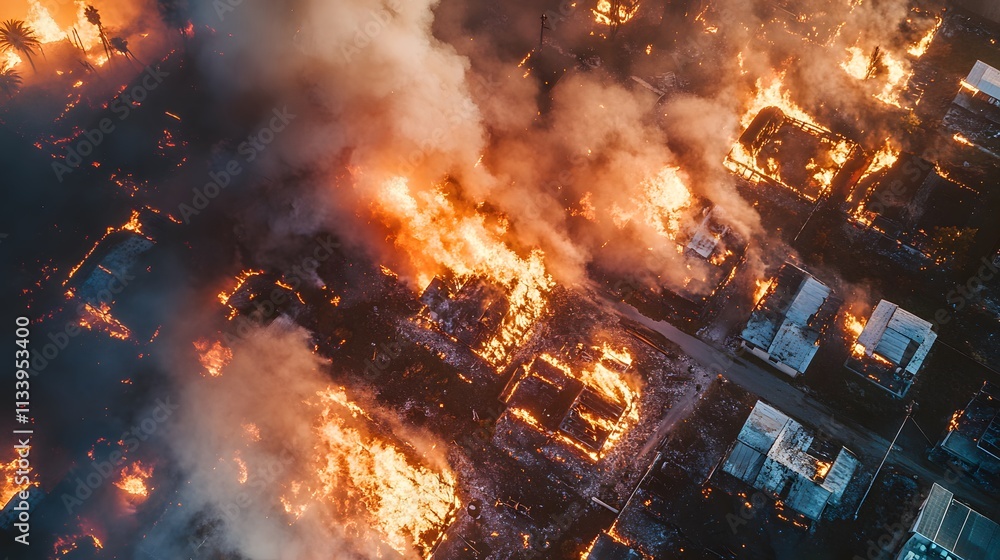 Aerial View Of A Neighborhood Engulfed In Flames Aerial View Of A Neighborhood Engulfed In Flames