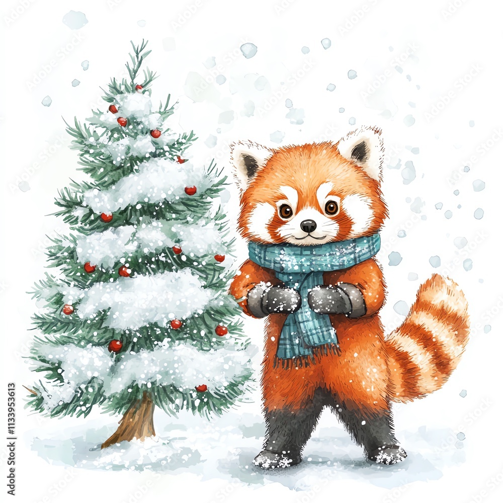A cute red panda wearing a scarf by a snow-covered Christmas tree. A cute red panda wearing a scarf by a snow-covered Christmas tree.