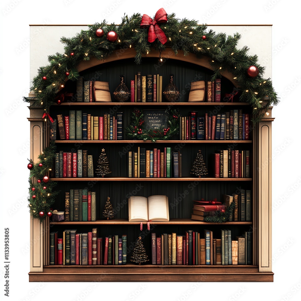 A festive bookshelf adorned with greenery and holiday decorations for cozy reading. A festive bookshelf adorned with greenery and holiday decorations for cozy reading.