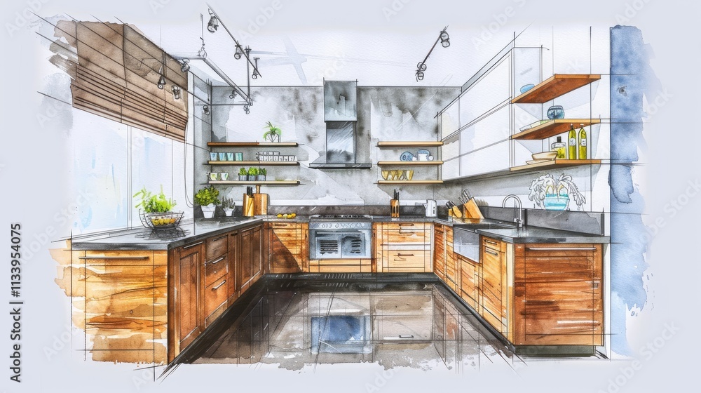 architectural sketch of a kitchen with simple watercolor architectural sketch of a kitchen with simple watercolor