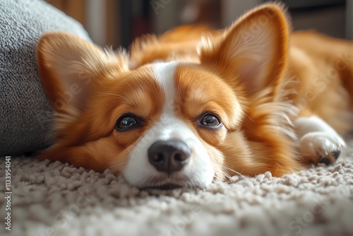 Corgi resting peacefully on a plush carpet, surrounded by soft textures and warm tones, ideal for themes of comfort and pets photo