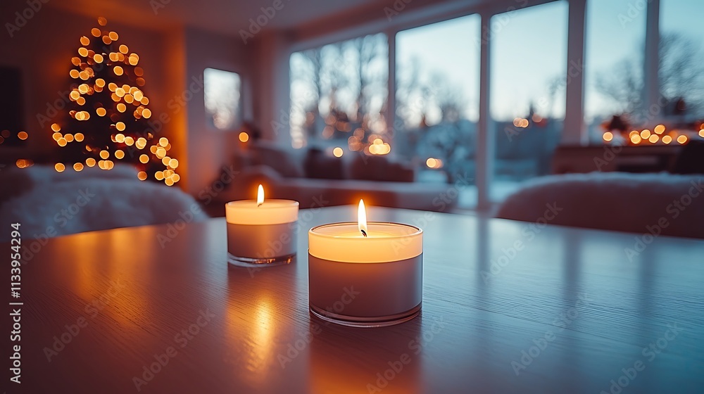 Two lit candles on a table near a Christmas tree Two lit candles on a table near a Christmas tree