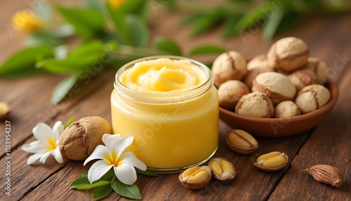 Jar of Shea Butter on Wooden Table with Shea Nuts and Fresh Flowers