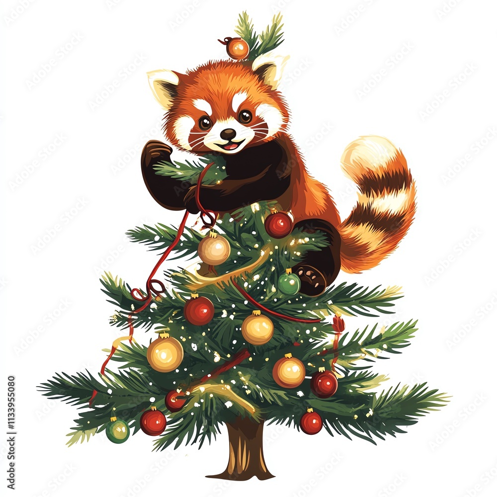 A playful red panda decorates a festive Christmas tree with bright ornaments. A playful red panda decorates a festive Christmas tree with bright ornaments.