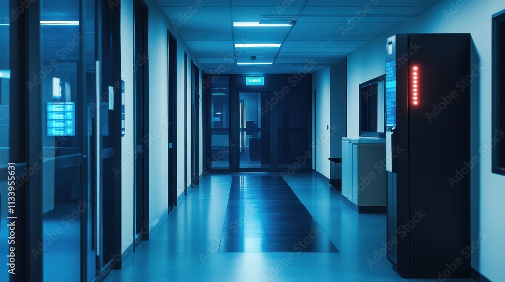 Modern Hospital Corridor at Night in Blue Light Modern Hospital Corridor at Night in Blue Light