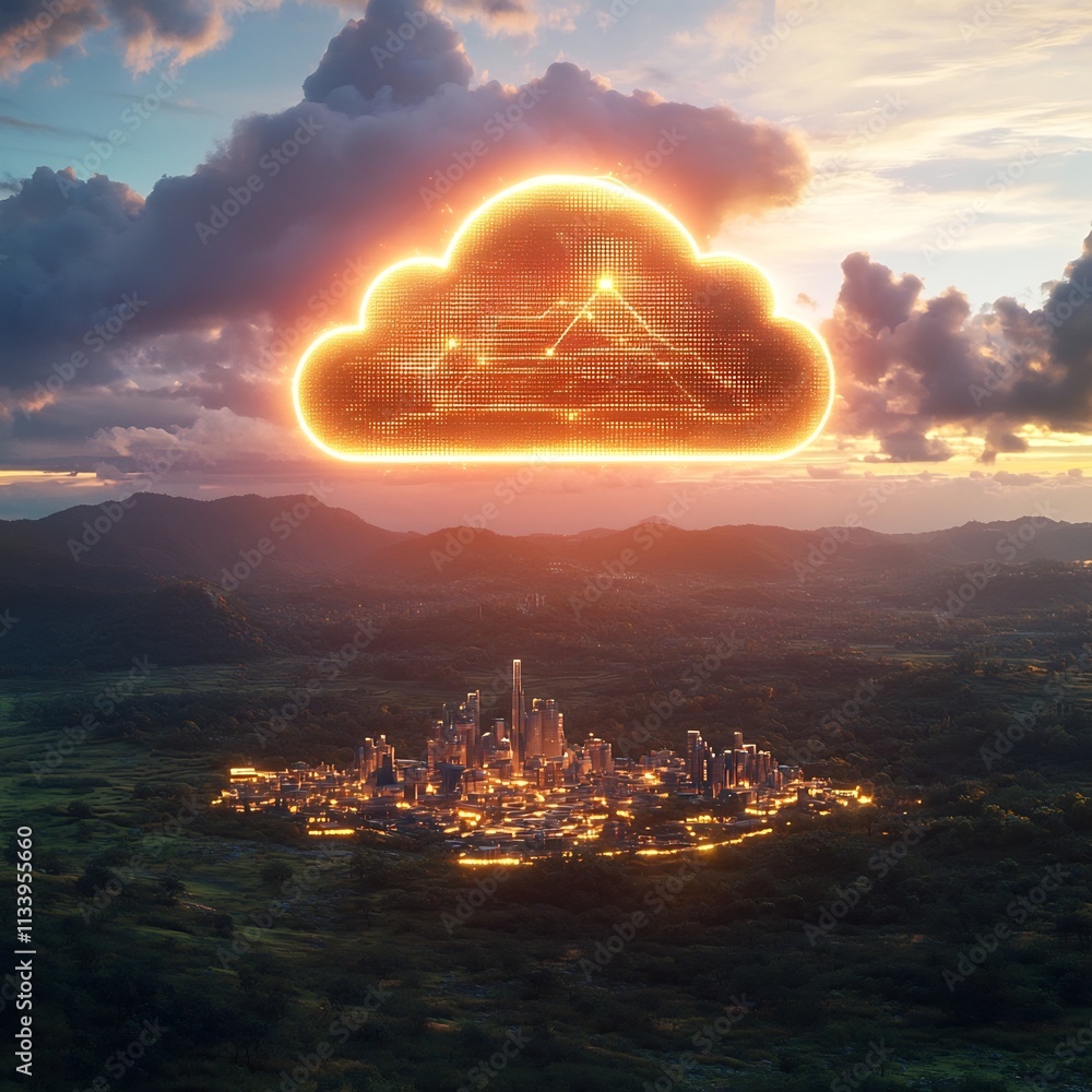 Obraz premium Ethereal Digital Cloud Hovers Above Hyper Advanced Futuristic Metropolis in Verdant Valley