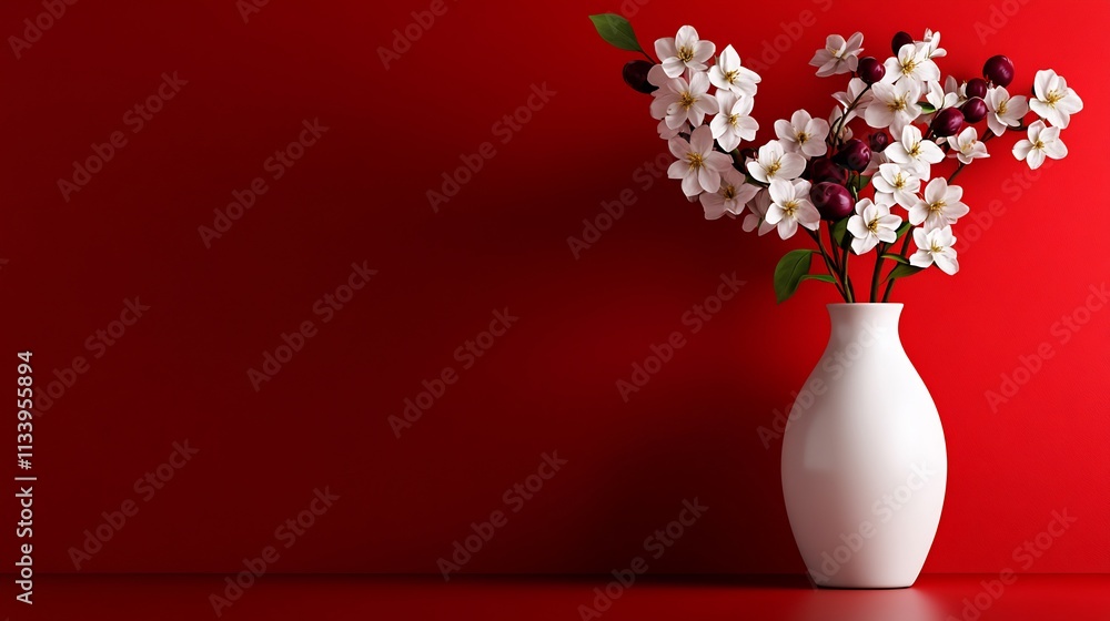 Elegant White Vase with Blooming Cherry Branches Against a Red Wall