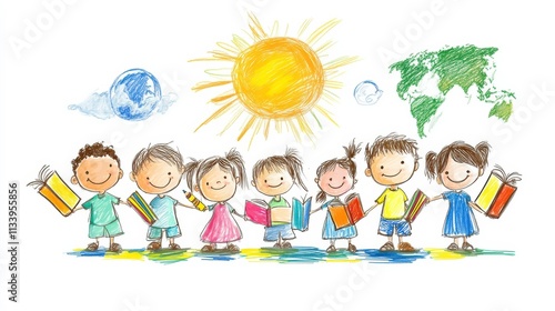 Colorful Illustrative Scene of Children Holding Books Outdoors with Sun, Earth, and Clouds, Celebrating Learning and Imagination in a Playful and Joyful Environment