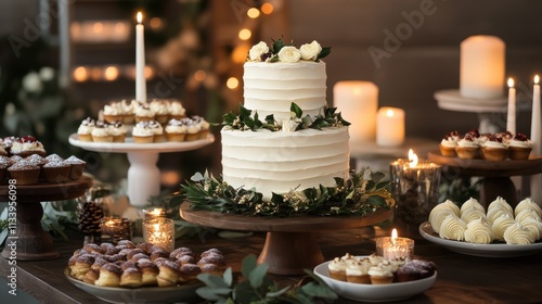 Elegant Wedding Cake Surrounded by Delicious Treats