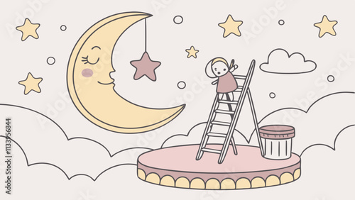 Crescent moon with podium, stars, clouds - badtime card. Sweet dream plasticine base background. Cute illustration in pastel colors. Minimal 3d art style. Empty space for advertising baby products
