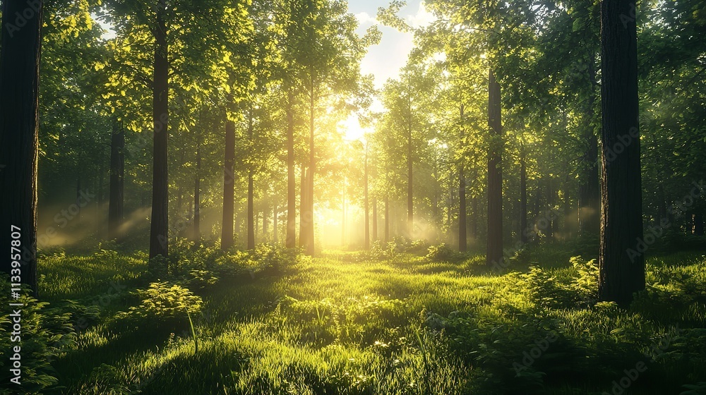 Fototapeta premium A cinematic shot of a misty forest at dawn, with sunlight filtering through the trees, creating a serene and mystical background.