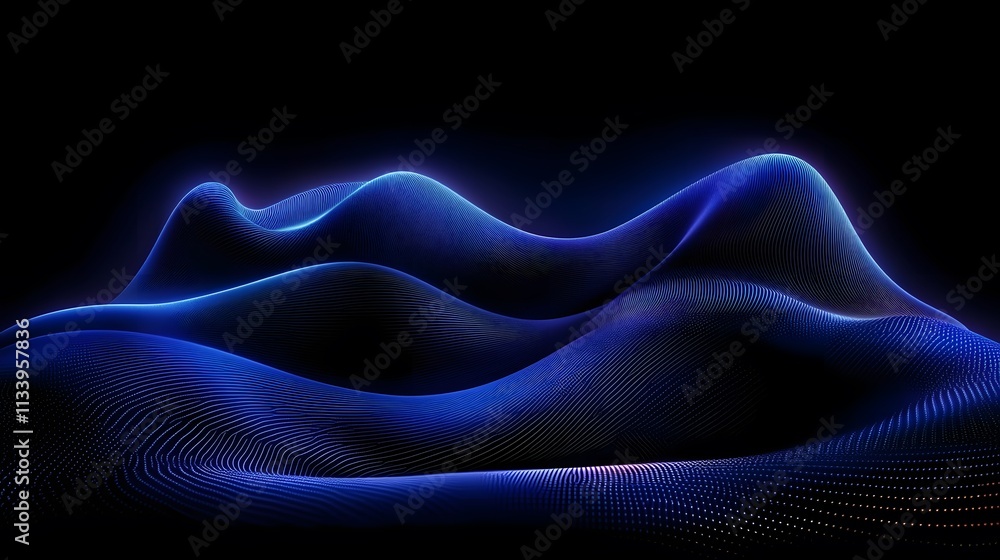 Obraz premium Abstract blue glowing wave landscape on black background.