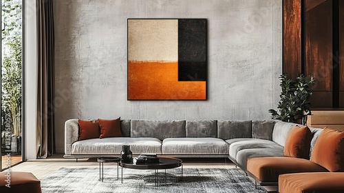 Abstract Orange Black Beige Painting - Modern Minimalist Canvas Art Print photo