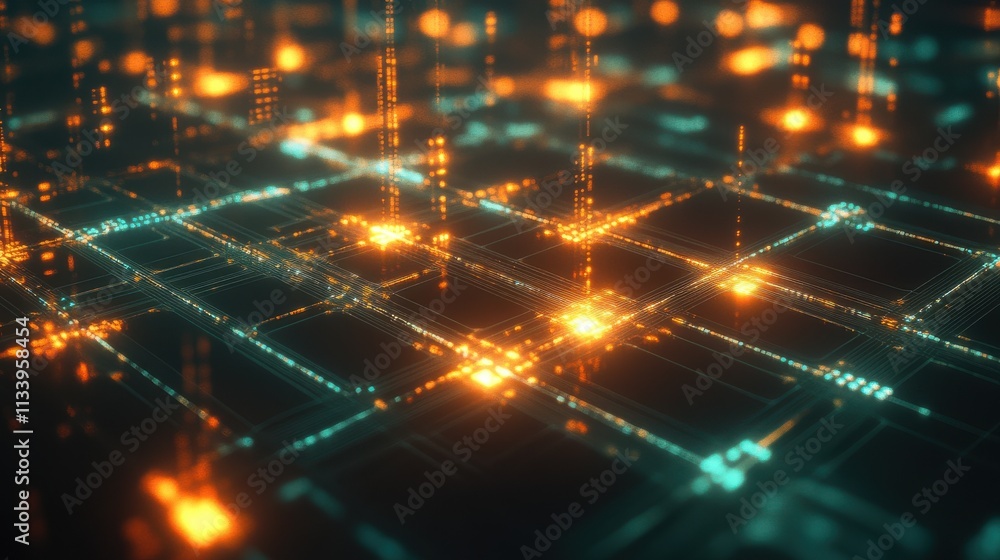 Abstract Digital Grid with Glowing Lights and Patterns Abstract Digital Grid with Glowing Lights and Patterns