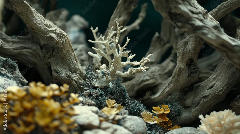 Detailed Close-Up of Unique Coral and Driftwood Arrangement Underwater, Showcasing Intricate Textures and Diverse Marine Life Elements for Nature and Ocean Lovers Detailed Close-Up of Unique Coral and Driftwood Arrangement Underwater, Showcasing Intricate Textures and Diverse Marine Life Elements for Nature and Ocean Lovers
