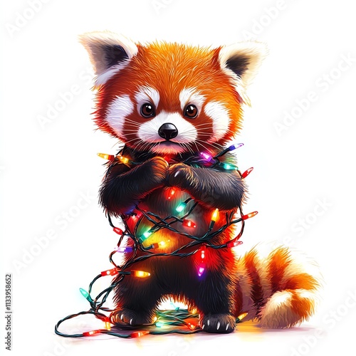 Cute red panda playfully tangled in colorful holiday lights. photo