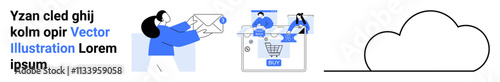 People sharing envelopes digitally, someone interacting with an online shopping interface, and cloud icon. Ideal for online communication, e-commerce, cloud storage, teamwork, digital marketing