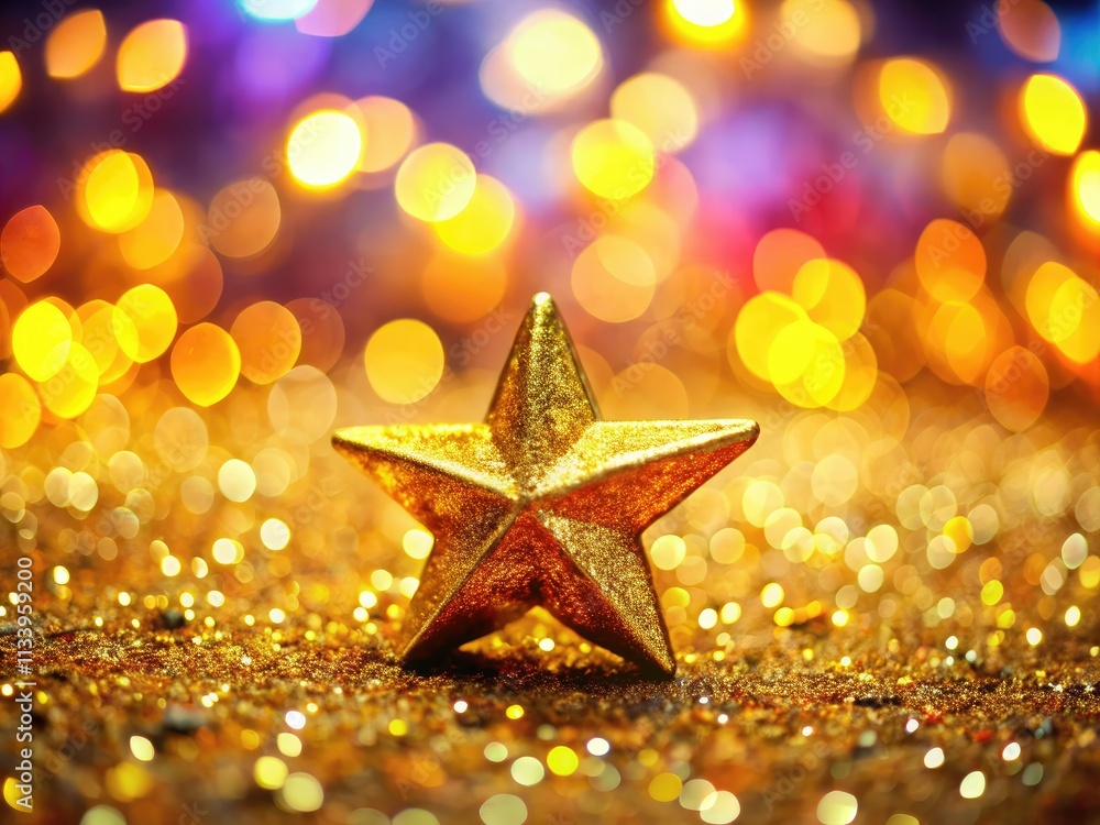 Festive holiday banner with a sparkling golden star tilt-shift background, glittering for a joyful design. Festive holiday banner with a sparkling golden star tilt-shift background, glittering for a joyful design.