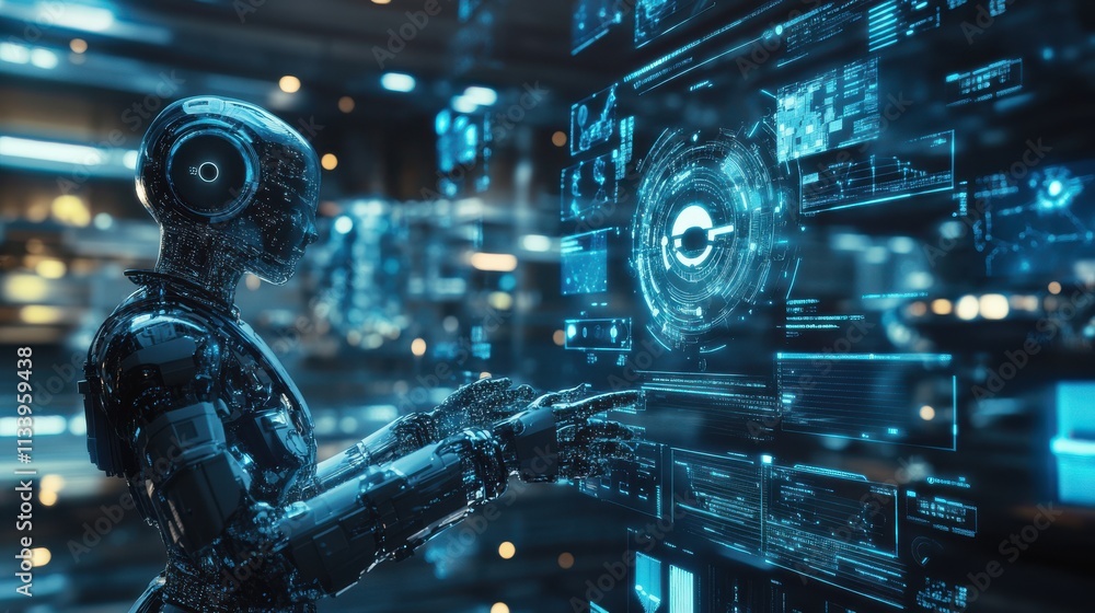 Fototapeta premium Futuristic robot interacting with digital interface