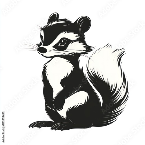 Adorable cartoon skunk illustration, black and white, sitting. photo