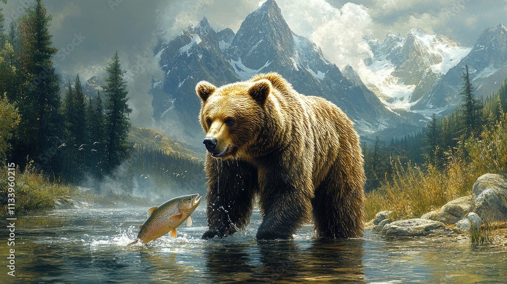 Obraz premium A grizzly bear holding a salmon in its mouth, with the river flowing in the background.