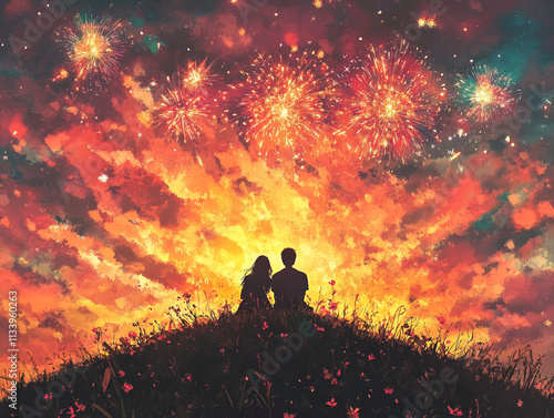 A silhouette of a couple sitting on a mountain with flower ai generated