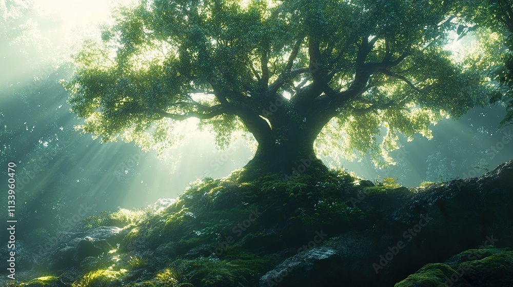 Ancient Tree in Sunlit Forest: Magical Nature Scene Ancient Tree in Sunlit Forest: Magical Nature Scene